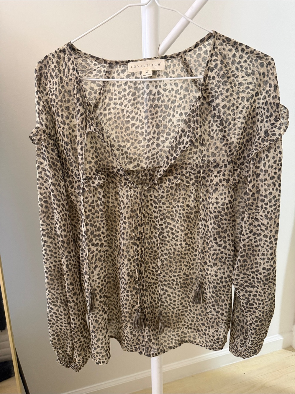 lovestitch Sheer Leopard Print V-Neck Blouse in Beige and Black